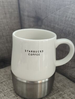Starbucks 2004 White and Silver Ceramic Travel Mug with Handle